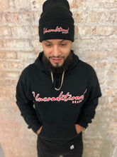 Load image into Gallery viewer, Black Unisex Cursive Hoodie (Red/White)
